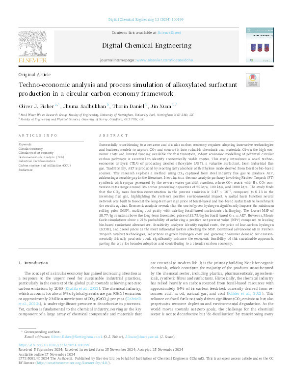 Techno-economic analysis and process simulation of alkoxylated surfactant production in a circular carbon economy framework Thumbnail