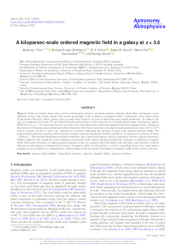 A kiloparsec-scale ordered magnetic field in a galaxy at z = 5.6 Thumbnail