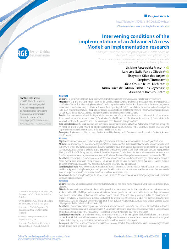 Intervening conditions of the implementation of an Advanced Access Model: an implementation research Thumbnail