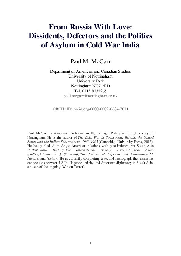 From Russia with Love: Dissidents, Defectors and the Politics of Asylum in Cold War India Thumbnail