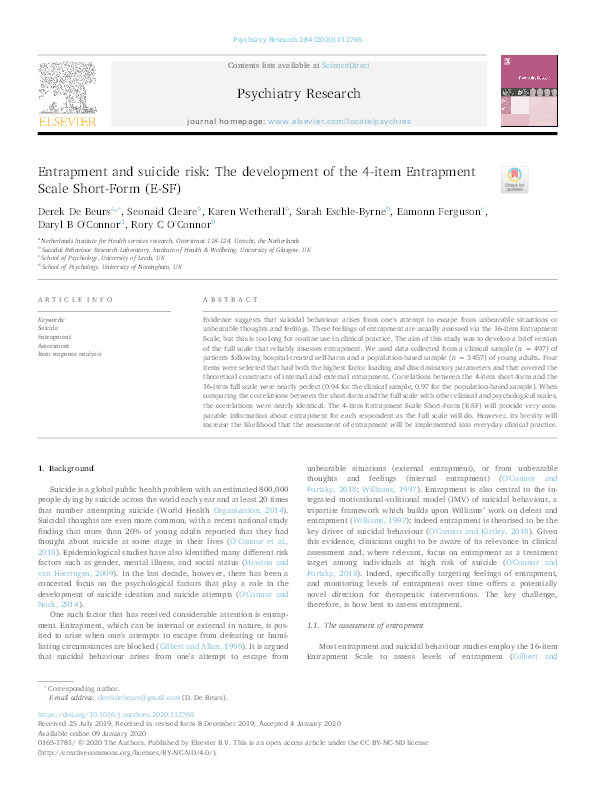 Entrapment and suicide risk: The development of the 4-item Entrapment Scale Short-Form (E-SF) Thumbnail