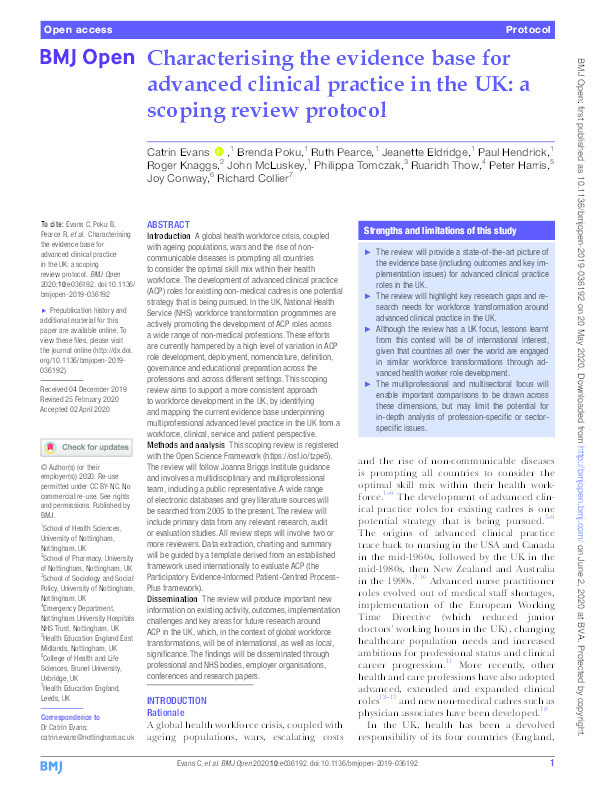 Characterising the evidence base for advanced clinical practice in the UK: A scoping review protocol Thumbnail