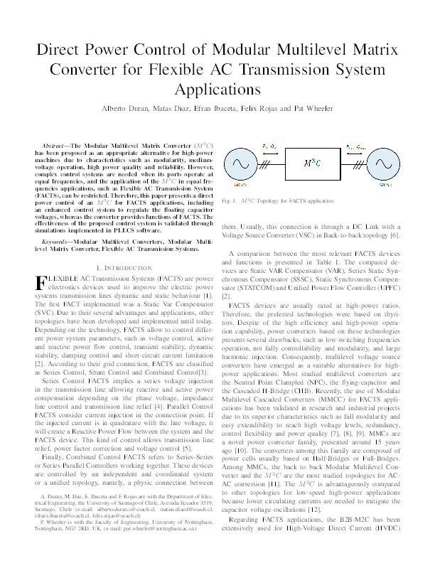 Direct Power Control of Modular Multilevel Matrix Converter for Flexible AC Transmission System Applications Thumbnail