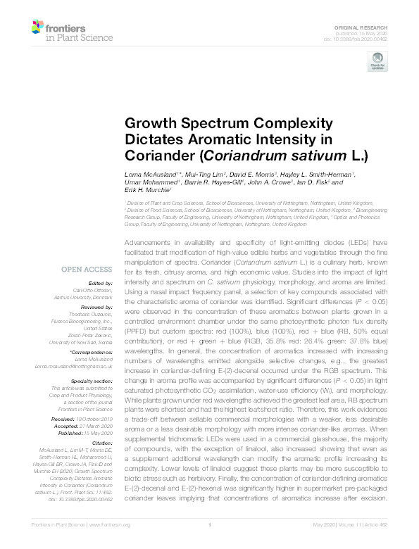 Growth Spectrum Complexity Dictates Aromatic Intensity in Coriander (Coriandrum sativum L.) Thumbnail