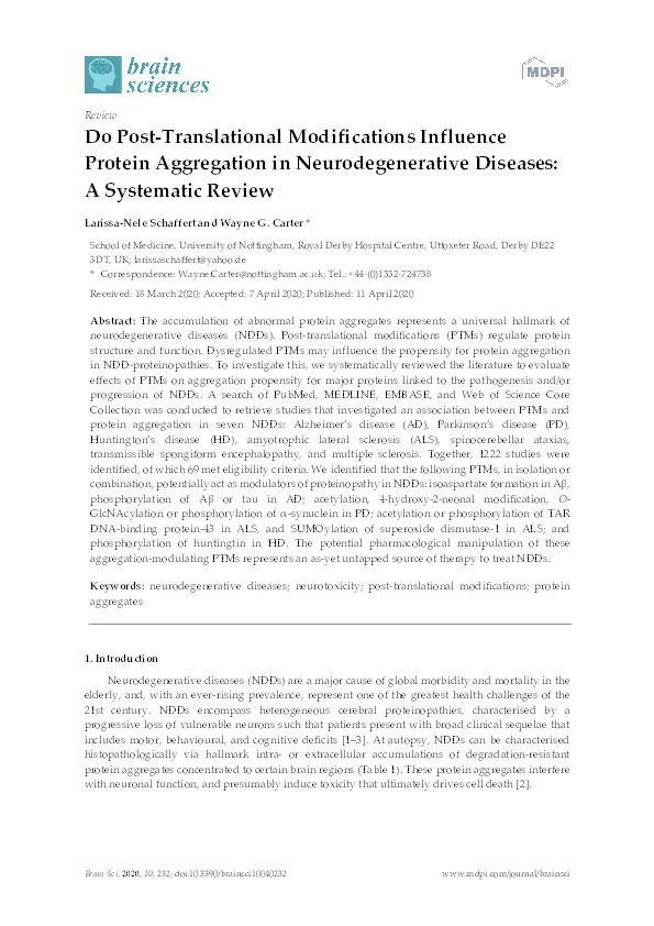 Do Post-Translational Modifications Influence Protein Aggregation in Neurodegenerative Diseases: A Systematic Review Thumbnail