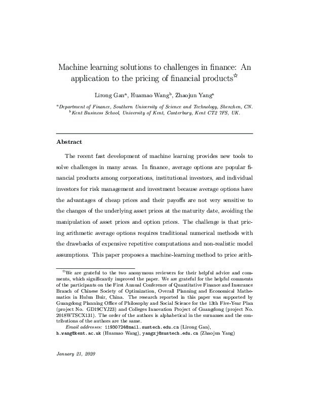 Machine learning solutions to challenges in finance: An application to the pricing of financial products Thumbnail