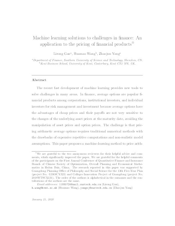 Machine learning solutions to challenges in finance: An application to the pricing of financial products Thumbnail