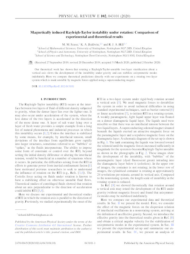 Magnetically induced Rayleigh-Taylor instability under rotation: Comparison of experimental and theoretical results Thumbnail