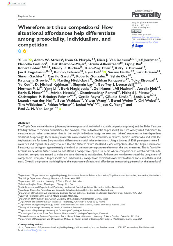 Wherefore art thou competitors? How situational affordances help differentiate among prosociality, individualism, and competition Thumbnail