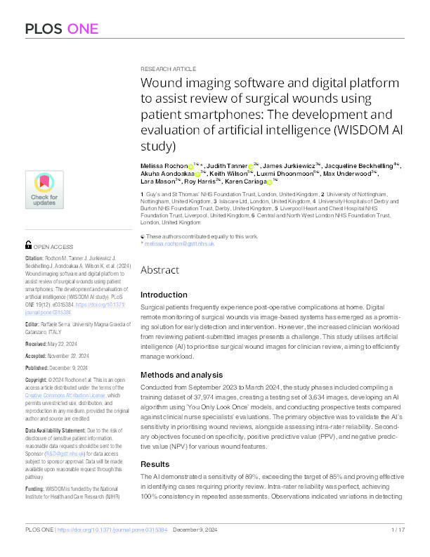 Wound imaging software and digital platform to assist review of surgical wounds using patient smartphones: The development and evaluation of artificial intelligence (WISDOM AI study) Thumbnail