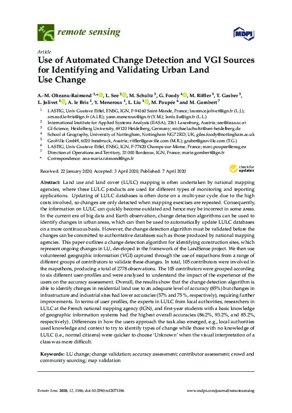 Use of automated change detection and VGI sources for identifying and validating urban land use change Thumbnail
