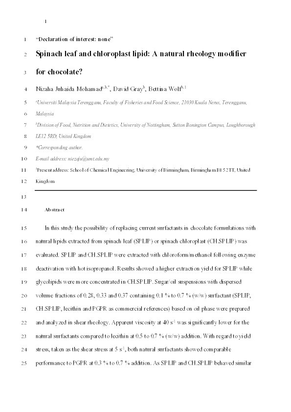 Spinach leaf and chloroplast lipid: A natural rheology modifier for chocolate? Thumbnail