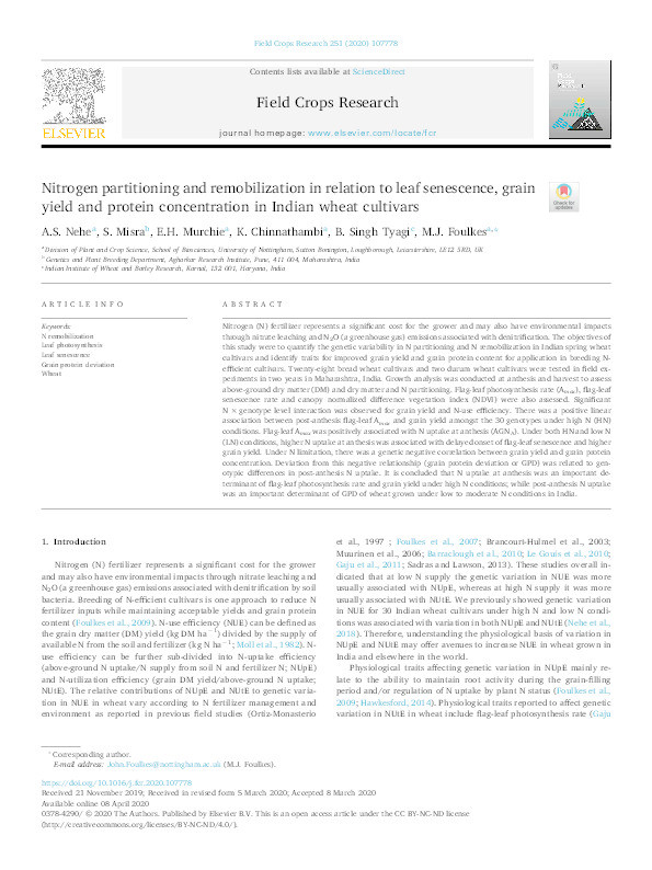 Nitrogen partitioning and remobilization in relation to leaf senescence, grain yield and protein concentration in Indian wheat cultivars Thumbnail