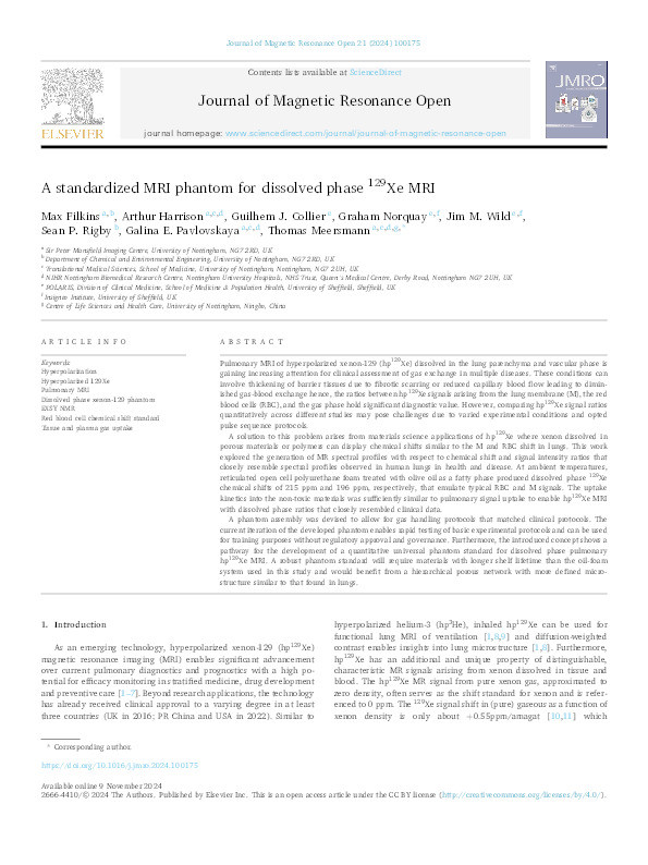 A standardized MRI phantom for dissolved phase 129Xe MRI Thumbnail