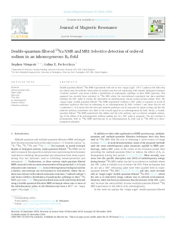 Double-quantum filtered 23Na NMR and MRI: Selective detection of ordered sodium in an inhomogeneous B0 field Thumbnail