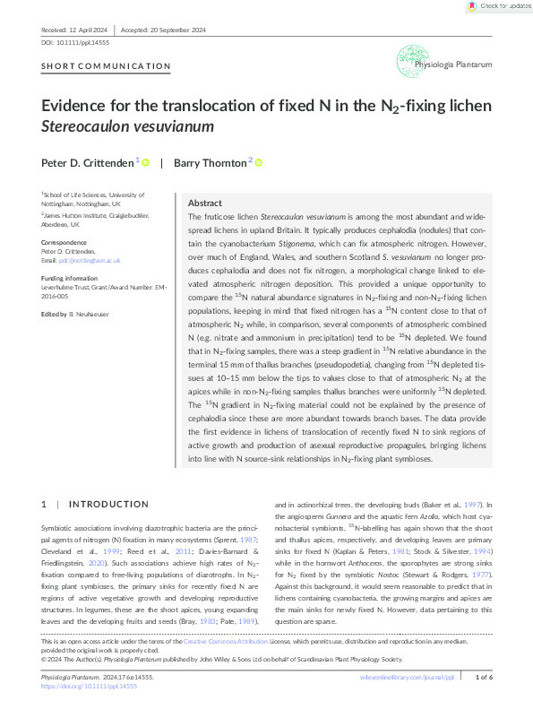 Evidence for the translocation of fixed N in the N2‐fixing lichen Stereocaulon vesuvianum Thumbnail