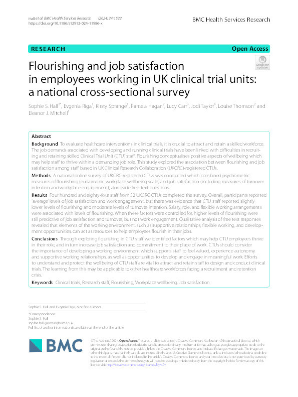 Flourishing and job satisfaction in employees working in UK clinical trial units: a national cross-sectional survey Thumbnail