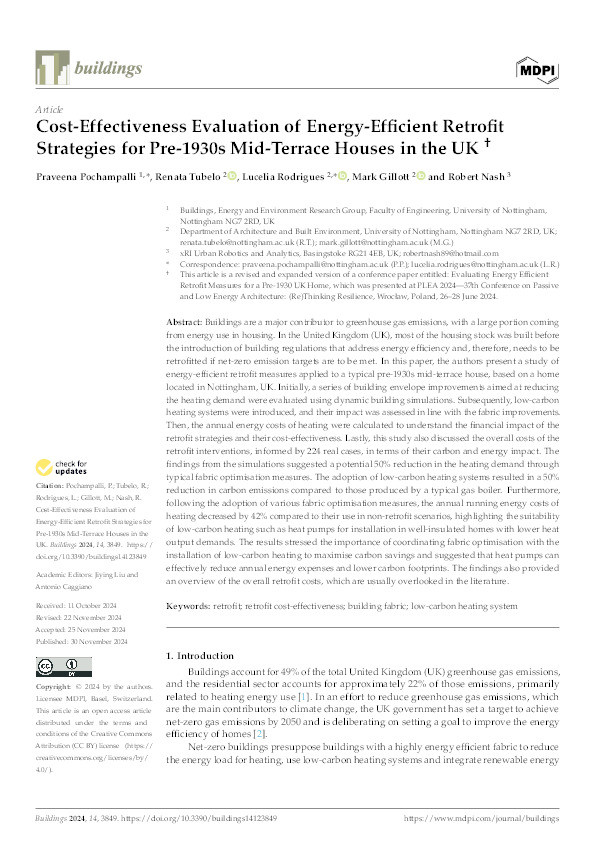 Cost-Effectiveness Evaluation of Energy-Efficient Retrofit Strategies for Pre-1930s Mid-Terrace Houses in the UK Thumbnail