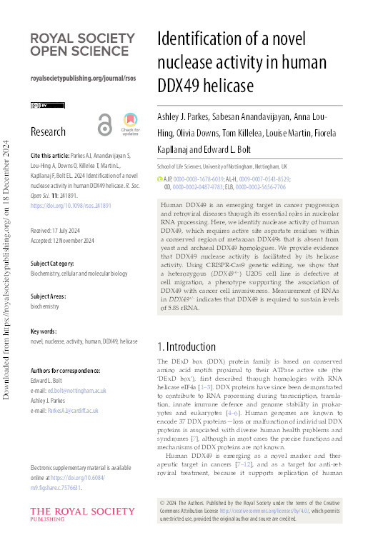 Identification of a novel nuclease activity in human DDX49 helicase Thumbnail