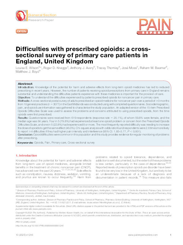 Difficulties with prescribed opioids: a cross-sectional survey of primary care patients in England, United Kingdom Thumbnail