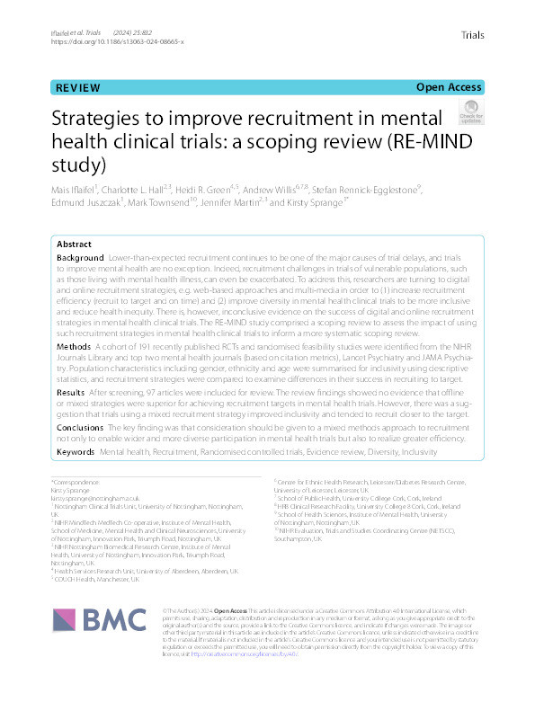 Strategies to improve recruitment in mental health clinical trials: a scoping review (RE-MIND study) Thumbnail