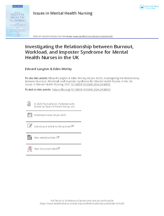 Investigating the Relationship between Burnout, Workload, and Imposter Syndrome for Mental Health Nurses in the UK Thumbnail