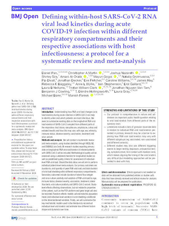 Defining within-host SARS-CoV-2 RNA viral load kinetics during acute COVID-19 infection within different respiratory compartments and their respective associations with host infectiousness: a protocol for a systematic review and meta-analysis Thumbnail