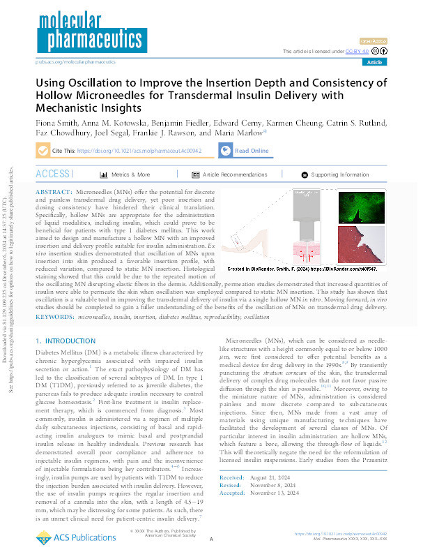 Using Oscillation to Improve the Insertion Depth and Consistency of Hollow Microneedles for Transdermal Insulin Delivery with Mechanistic Insights Thumbnail