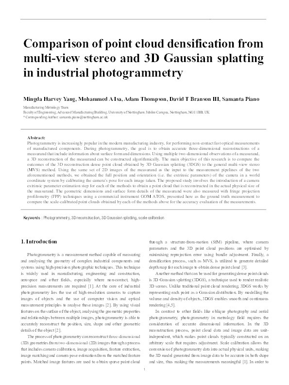 Comparison of point cloud densification from multi-view stereo and 3D Gaussian splatting in industrial photogrammetry Thumbnail