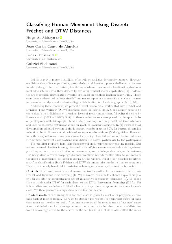 Classifying Human Movement Using Discrete Fréchet and DTW Distances Thumbnail