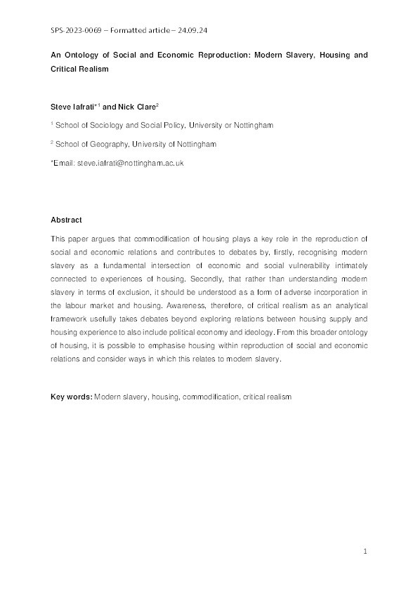 An Ontology of Social and Economic Reproduction: Modern Slavery, Housing, and Critical Realism Thumbnail