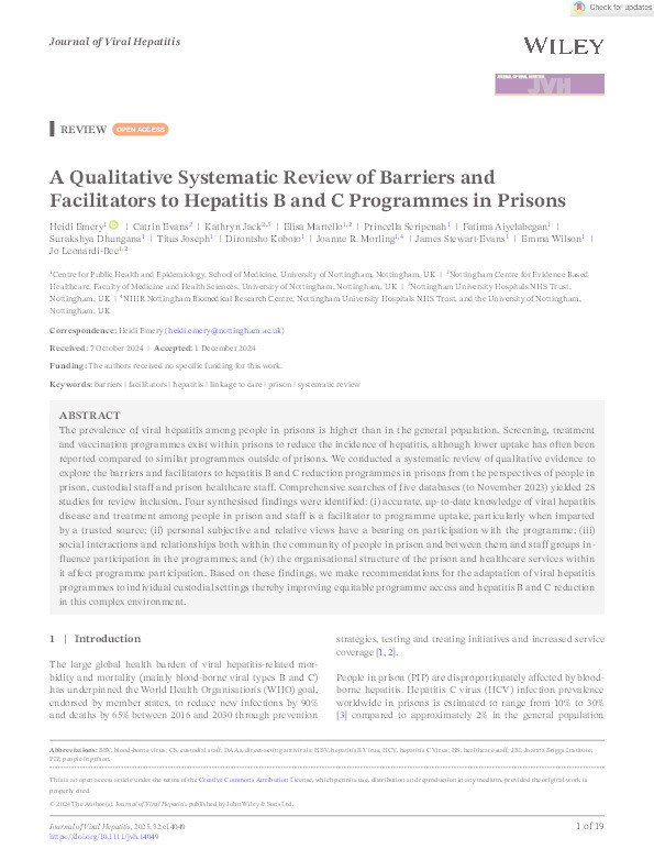 A Qualitative Systematic Review of Barriers and Facilitators to Hepatitis B and C Programmes in Prisons Thumbnail