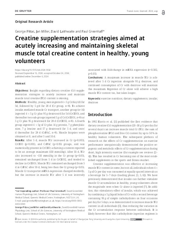 Creatine supplementation strategies aimed at acutely increasing and maintaining skeletal muscle total creatine content in healthy, young volunteers Thumbnail