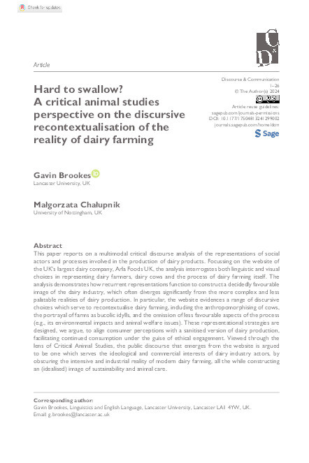 Hard to swallow? A critical animal studies perspective on the discursive recontextualisation of the reality of dairy farming Thumbnail