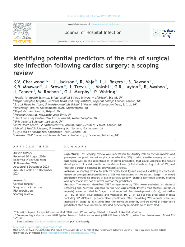 Identifying potential predictors of surgical site infection risk following cardiac surgery: a scoping review Thumbnail