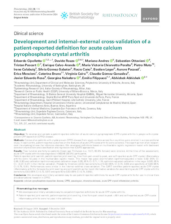 Development and internal–external cross-validation of a patient-reported definition for acute calcium pyrophosphate crystal arthritis Thumbnail