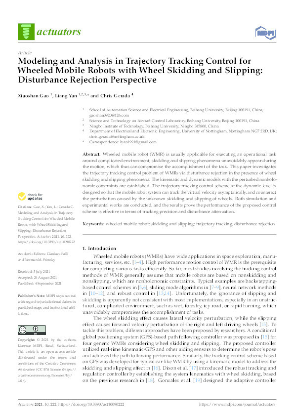 Modeling and analysis in trajectory tracking control for wheeled mobile robots with wheel skidding and slipping: Disturbance rejection perspective Thumbnail