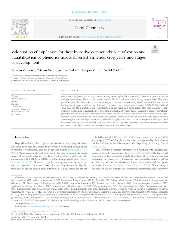 Valorisation of hop leaves for their bioactive compounds: Identification and quantification of phenolics across different varieties, crop years and stages of development Thumbnail