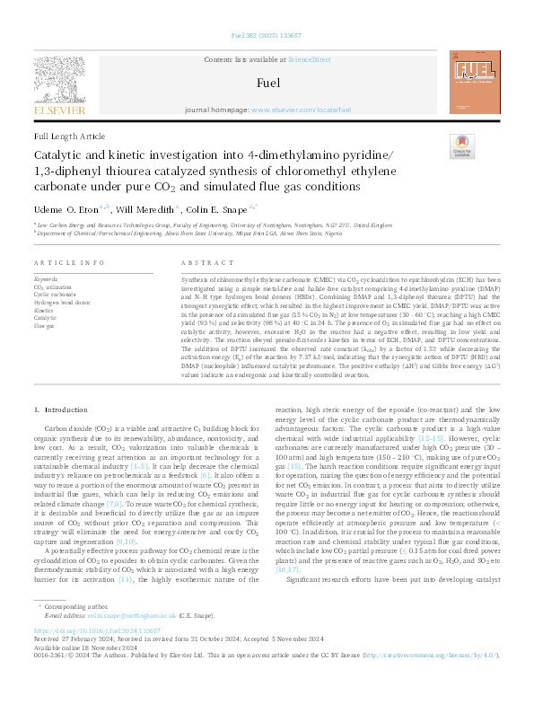 Catalytic and kinetic investigation into 4-dimethylamino pyridine/1,3-diphenyl thiourea catalyzed synthesis of chloromethyl ethylene carbonate under pure CO₂ and simulated flue gas conditions Thumbnail