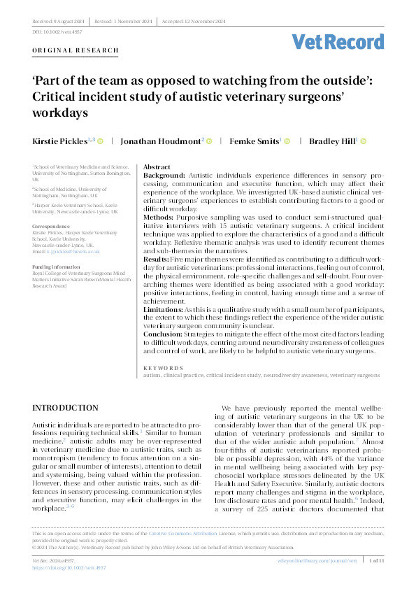 ‘Part of the team as opposed to watching from the outside’: Critical incident study of autistic veterinary surgeons’ workdays Thumbnail