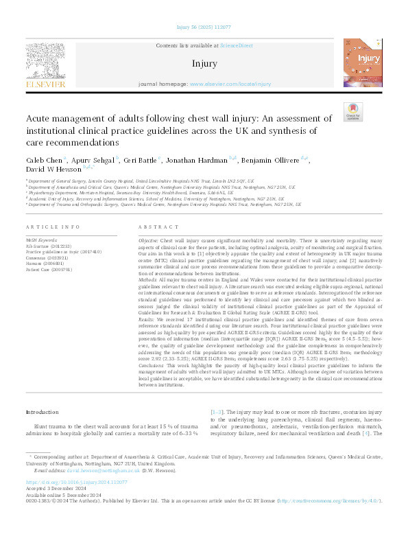 Acute management of adults following chest wall injury: An assessment of institutional clinical practice guidelines across the UK and synthesis of care recommendations Thumbnail