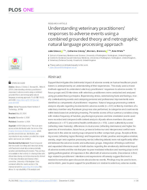 Understanding veterinary practitioners’ responses to adverse events using a combined grounded theory and netnographic natural language processing approach Thumbnail