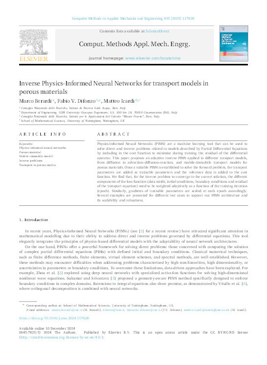 Inverse Physics-Informed Neural Networks for transport models in porous materials Thumbnail