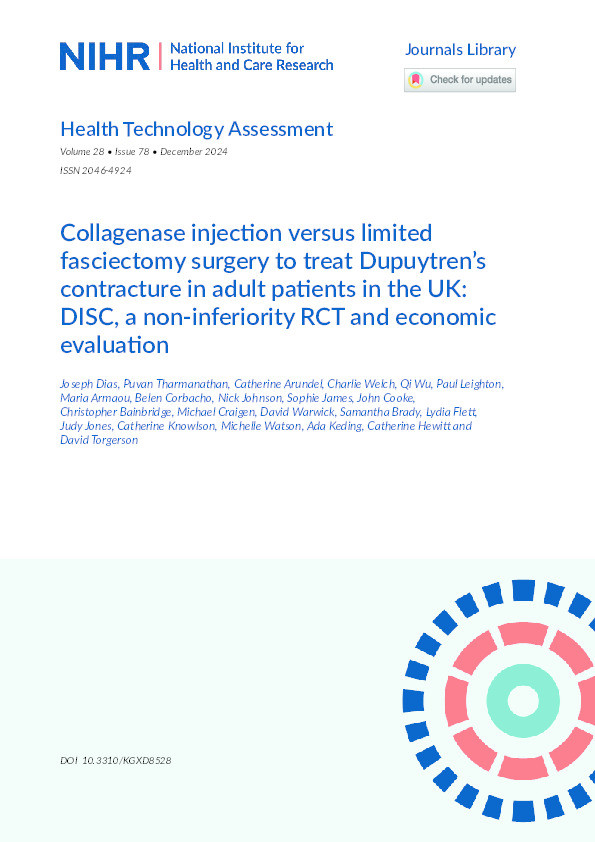 Collagenase injection versus limited fasciectomy surgery to treat Dupuytren's contracture in adult patients in the UK: DISC, a non-inferiority RCT and economic evaluation Thumbnail