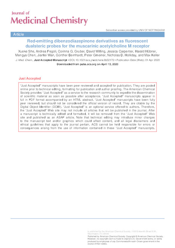 Red-Emitting Dibenzodiazepinone Derivatives as Fluorescent Dualsteric Probes for the Muscarinic Acetylcholine M2 Receptor Thumbnail