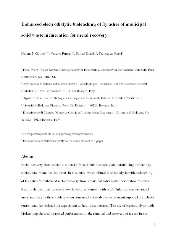 Enhanced electrodialytic bioleaching of fly ashes of municipal solid waste incineration for metal recovery Thumbnail