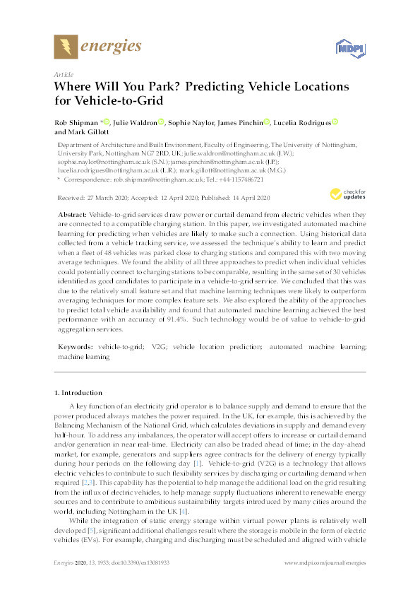Where Will You Park? Predicting Vehicle Locations for Vehicle-to-Grid Thumbnail
