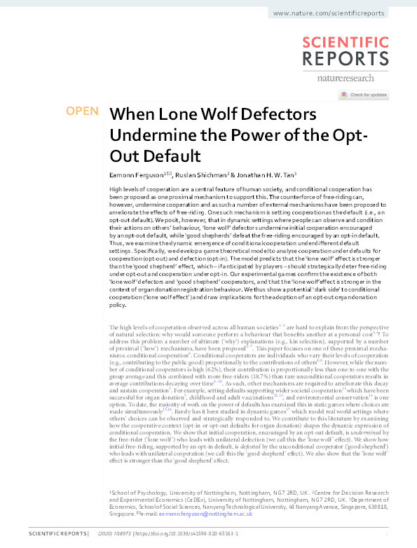 When Lone Wolf Defectors Undermine the Power of the Opt-Out Default Thumbnail