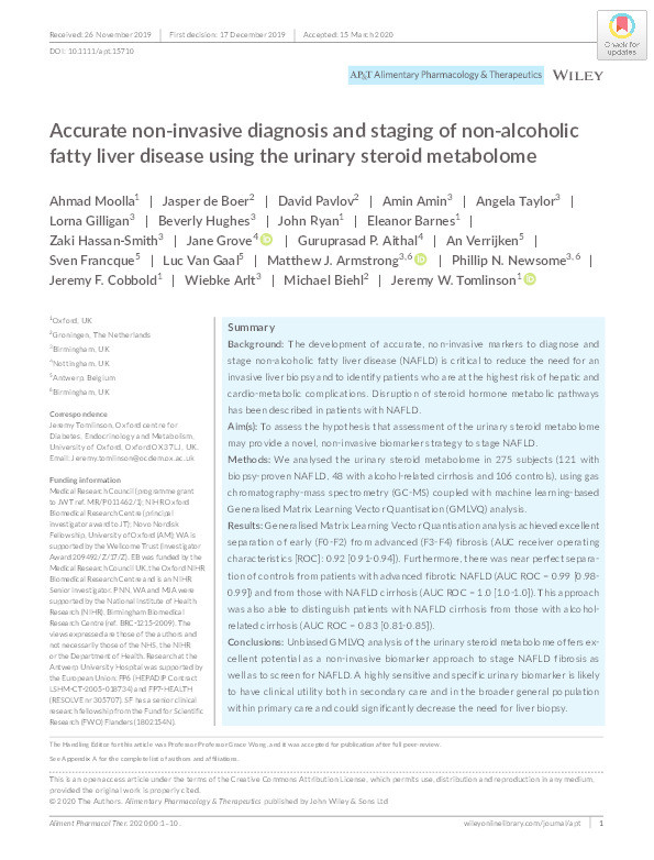 Accurate non-invasive diagnosis and staging of non-alcoholic fatty liver disease using the urinary steroid metabolome Thumbnail