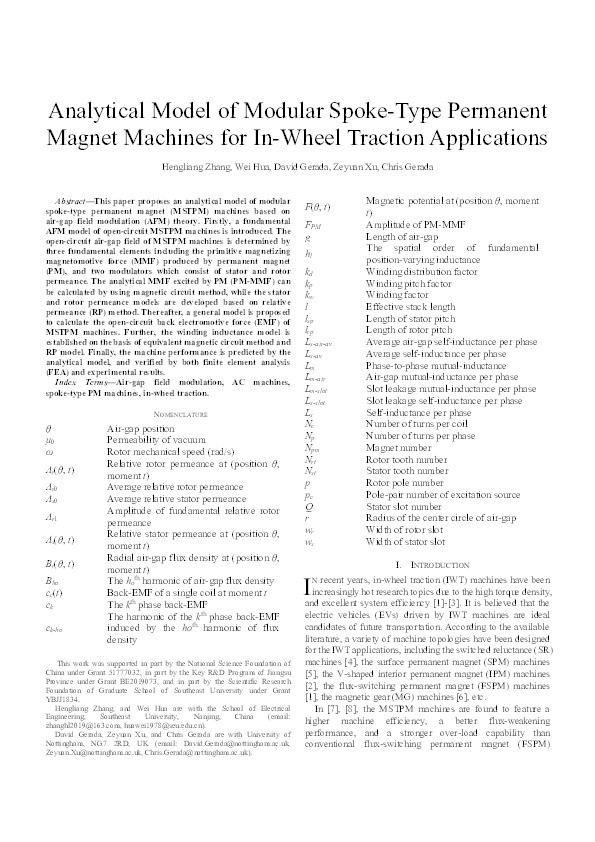 Analytical Model of Modular Spoke-Type Permanent Magnet Machines for In-Wheel Traction Applications Thumbnail